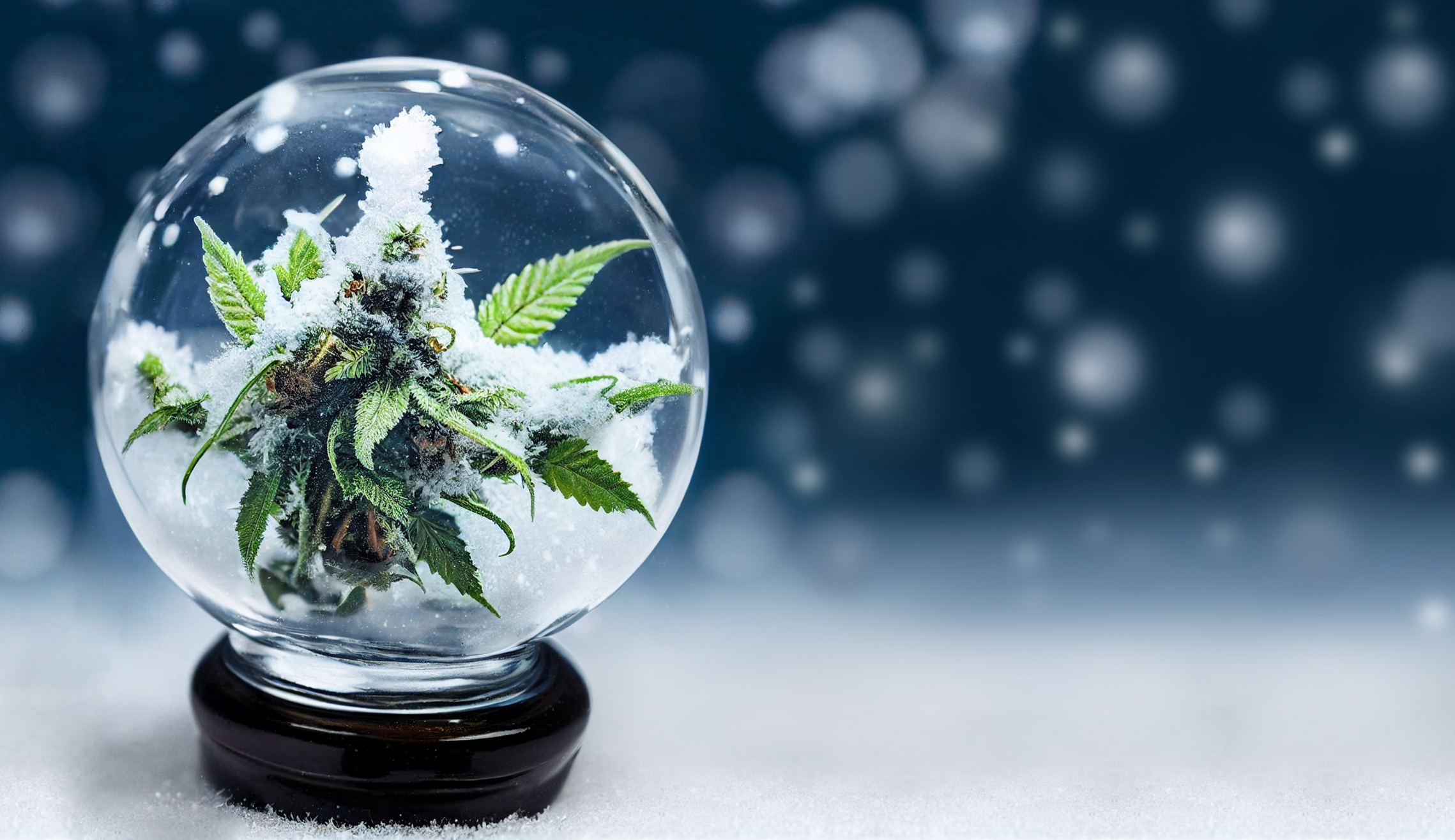 Cannabis banner. Merry Christmas and Happy New Year card with hemp in snow globe with snow